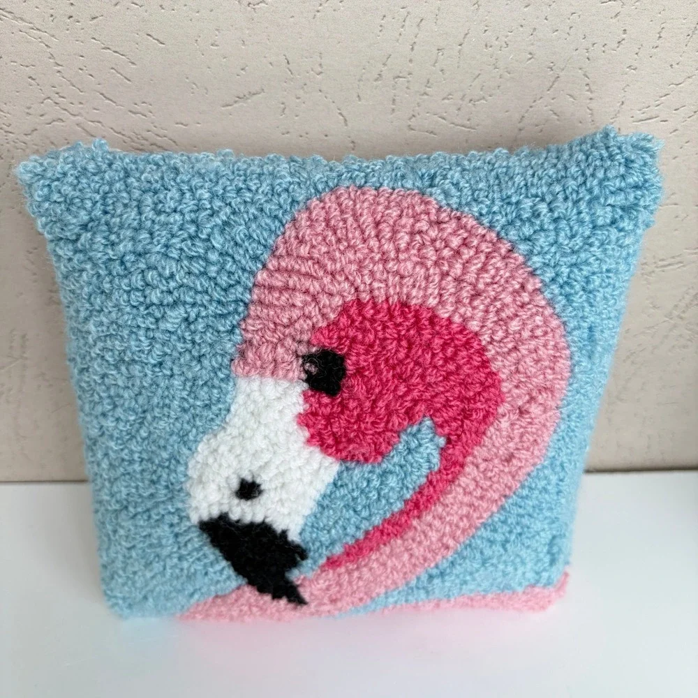 Handmade Punch Needle Flamingo Small Decorative Throw Pillow Pink Blue 7x7